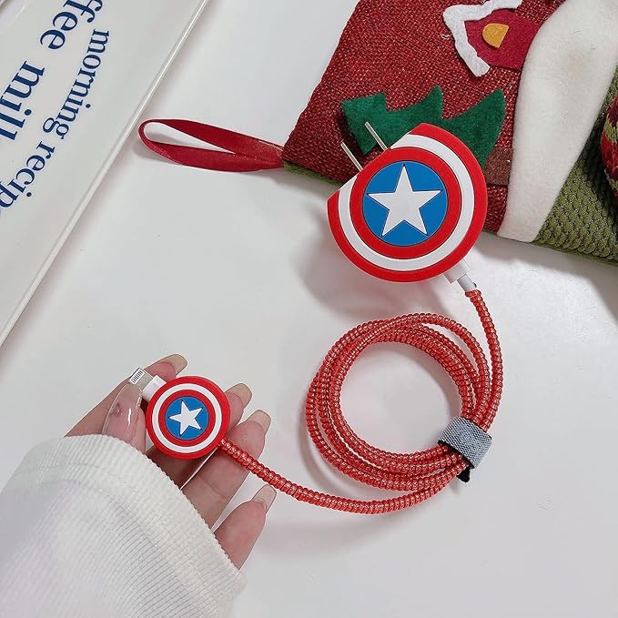 Silicone Protective Case for Apple 20W & 18W iPhone USB-C Power Adapter Charger and for USB Lightning Cable, 3D Case for iPhone Charger - 18W/20W (Captian Amreica Red Color design)