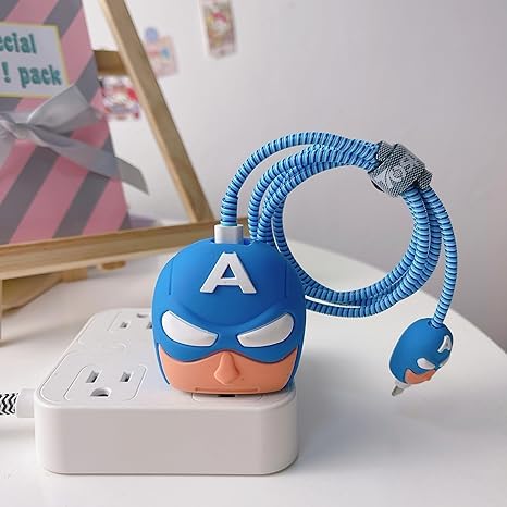 Silicone Protective Case for Apple 20W & 18W iPhone USB-C Power Adapter Charger and for USB Lightning Cable, 3D Case for iPhone Charger - 18W/20W (Captain America Blue)