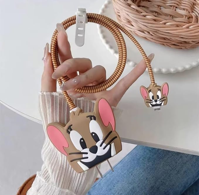 Silicone Protective Case for Apple 20W & 18W iPhone USB-C Power Adapter Charger and for USB Lightning Cable, 3D Case for iPhone Charger - 18W/20W (Jerry Cartoon Design)