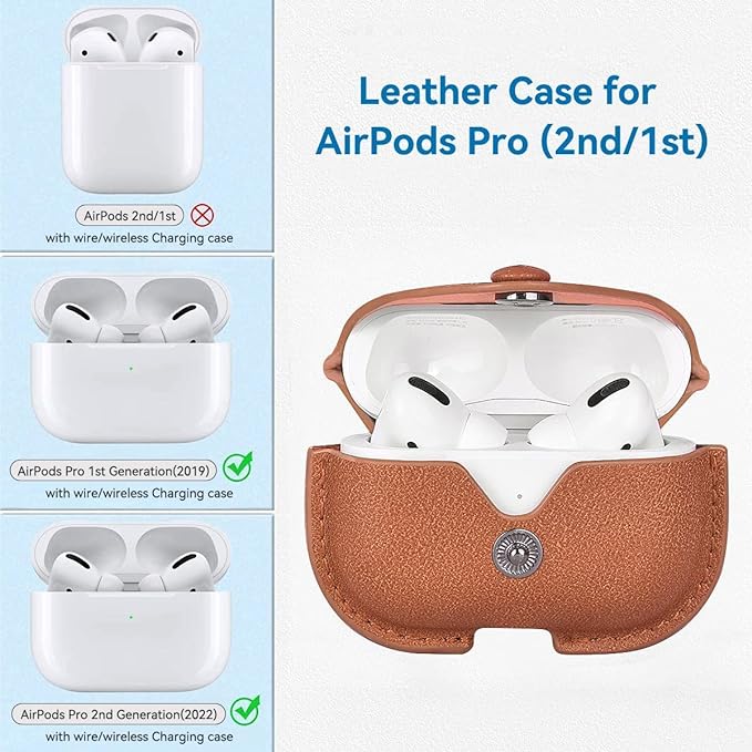 Soft Leather Shockproof Cover Case with Free Keychain Compatible with Apple AIRPODS PRO 2, Leather Case Airpod Pro 2 (Light Brown)