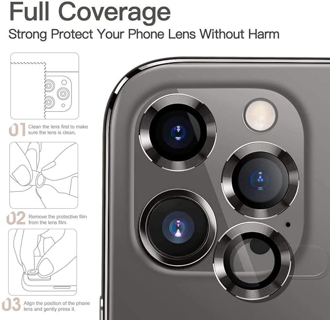 Metal Frame Camera Lens Protector for iPhone 12 Pro [SET OF 3] 9H Hardness Ultra Thin -Black color