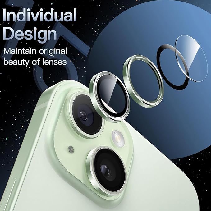Camera Glass Lens Protector Ring For iPhone 1515 Plus Case Friendly with Edge to Edge Coverage and Easy Installation, Pack of 1 (Light Green)