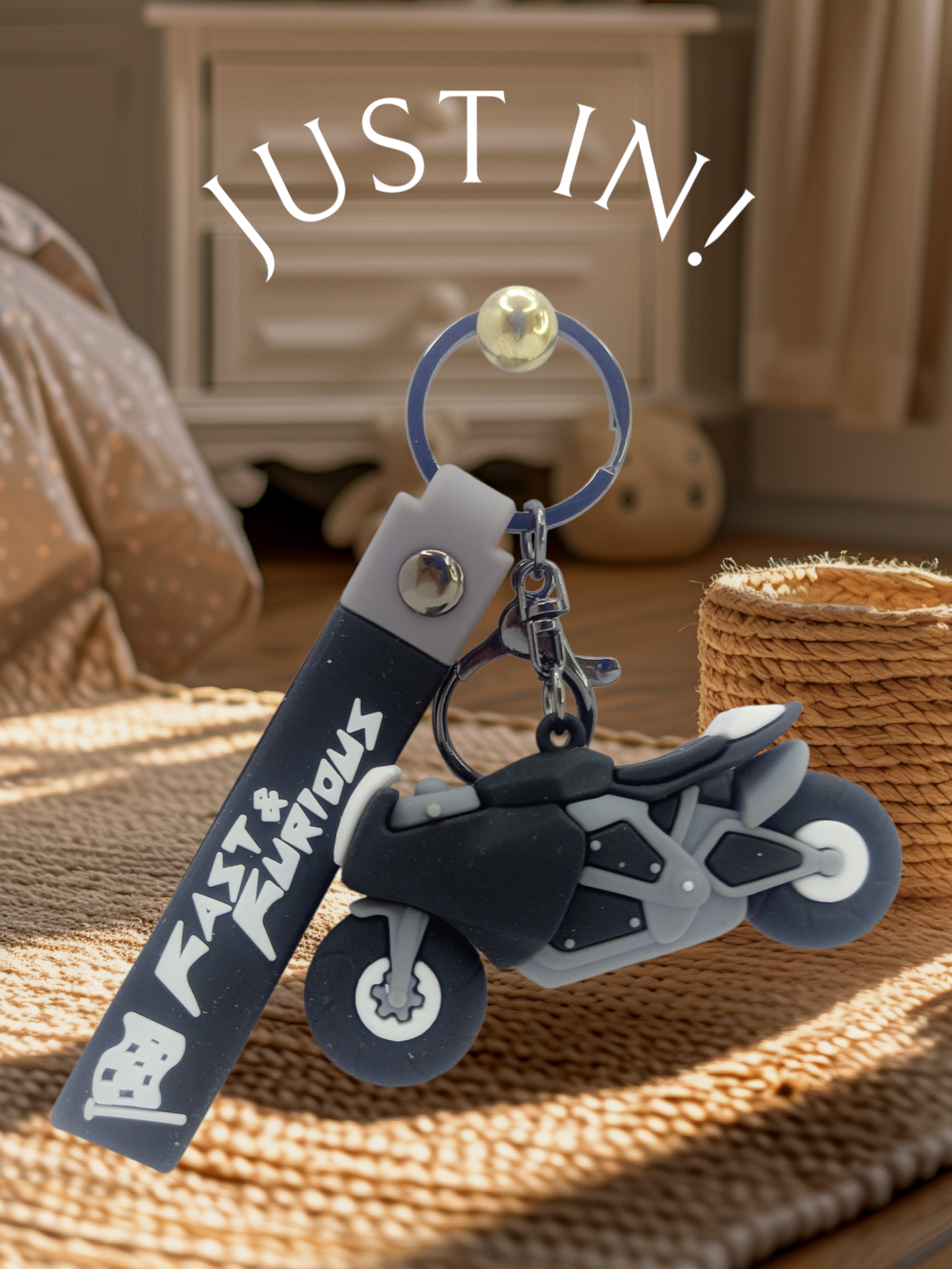 Stylish grey & black motorcycle keychain with rubber strap – perfect for biker keys, backpacks, or gifting