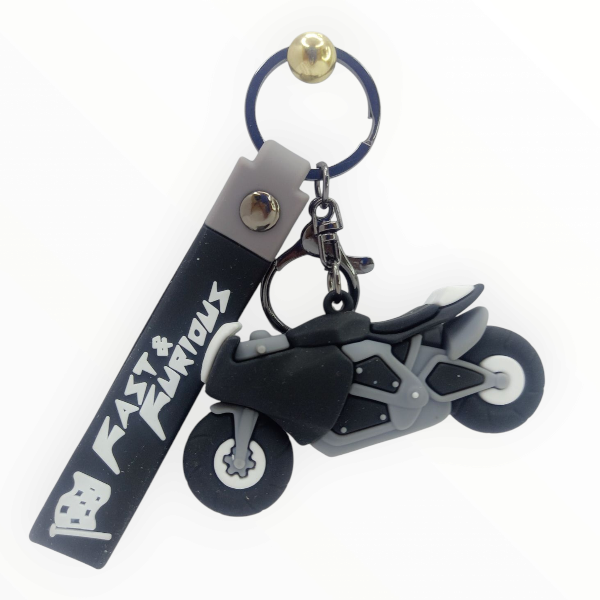 Stylish grey & black motorcycle keychain with rubber strap – perfect for biker keys, backpacks, or gifting