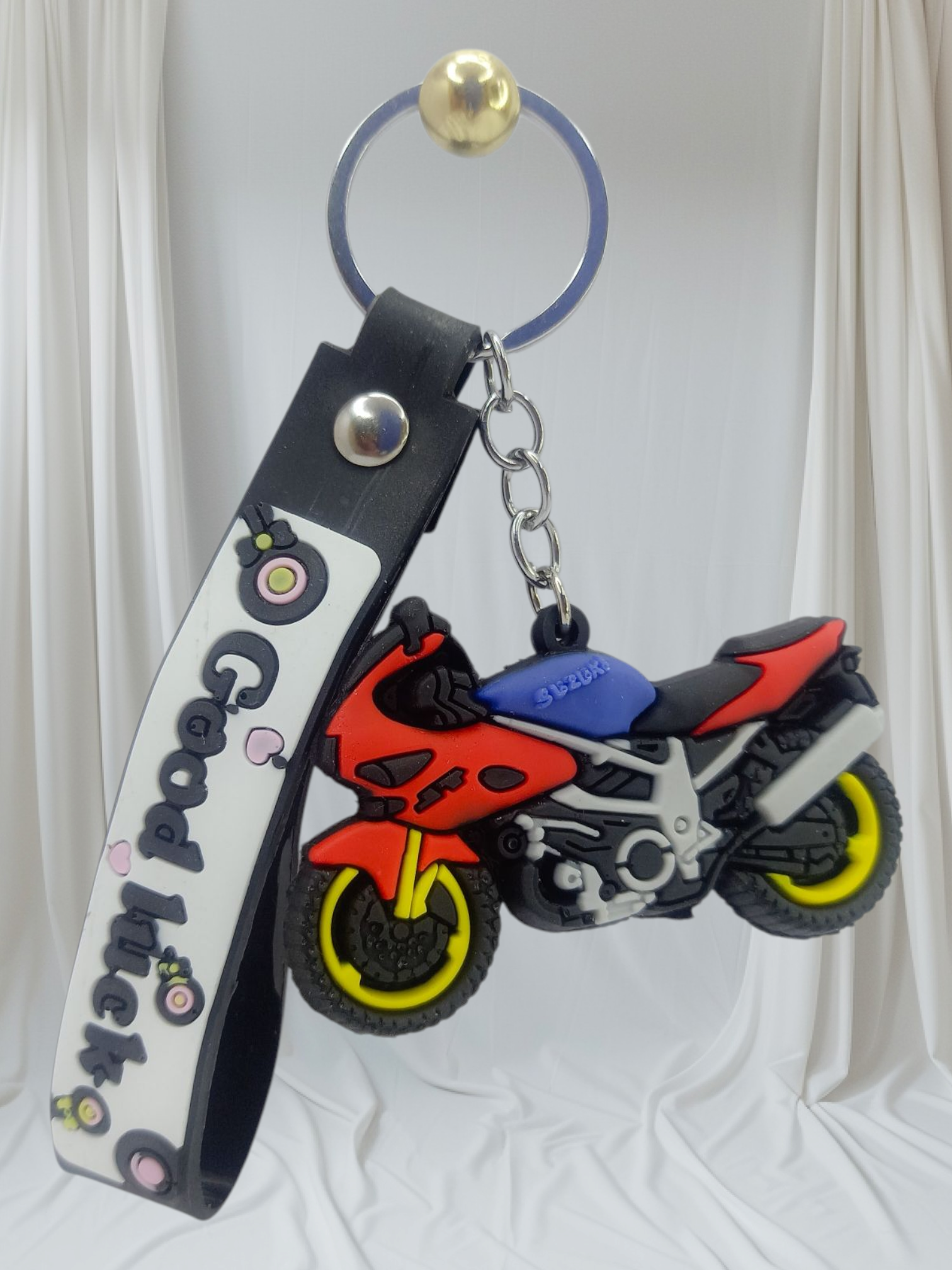 Stylish Motorcycle Keychain – Blue, Red & Black Design with Rubber Strap | Sporty Biker Key Ring Gift for Riders & Fans