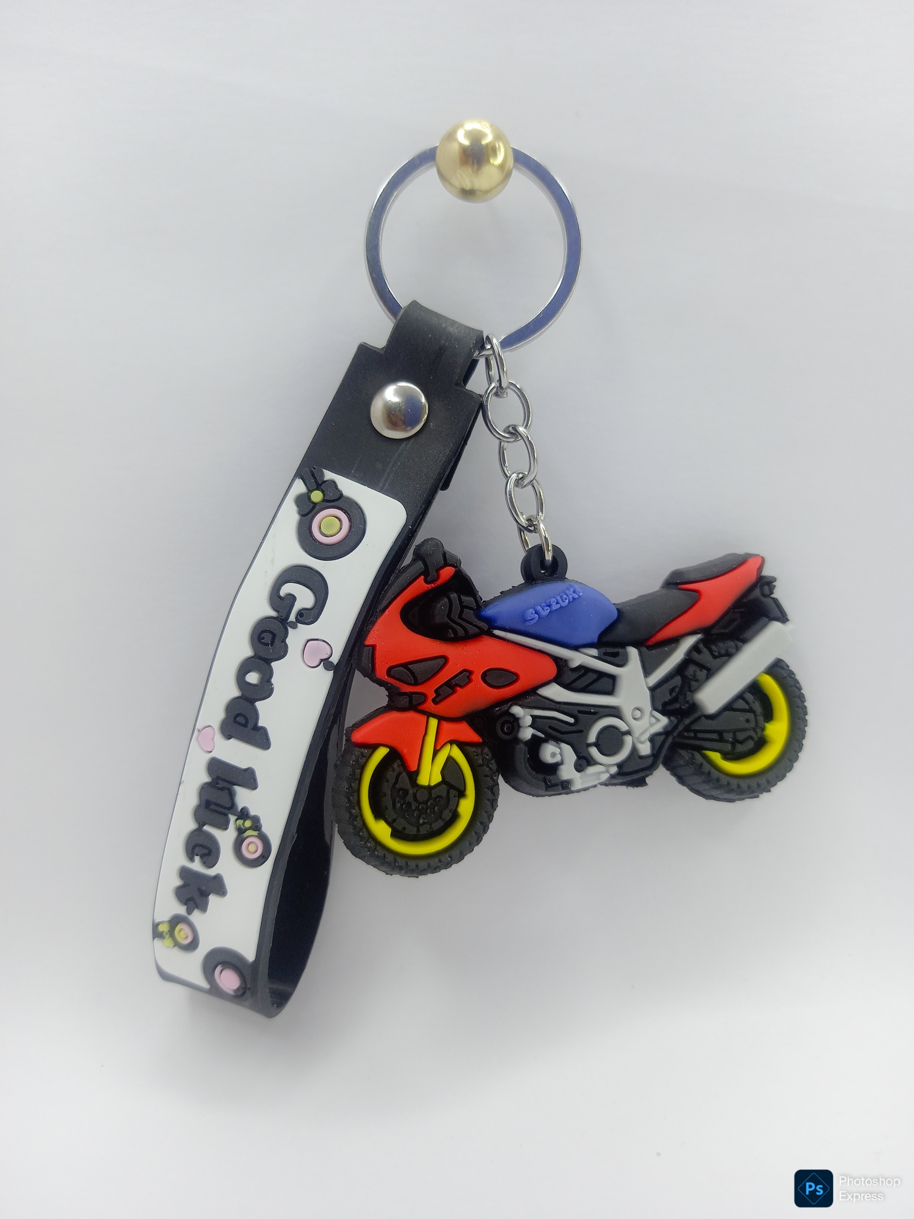 Stylish Motorcycle Keychain – Blue, Red & Black Design with Rubber Strap | Sporty Biker Key Ring Gift for Riders & Fans