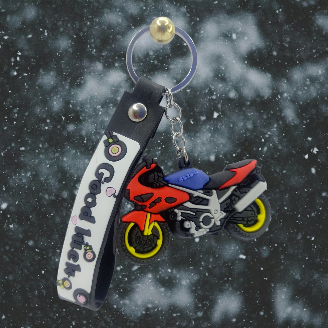 Stylish Motorcycle Keychain – Blue, Red & Black Design with Rubber Strap | Sporty Biker Key Ring Gift for Riders & Fans
