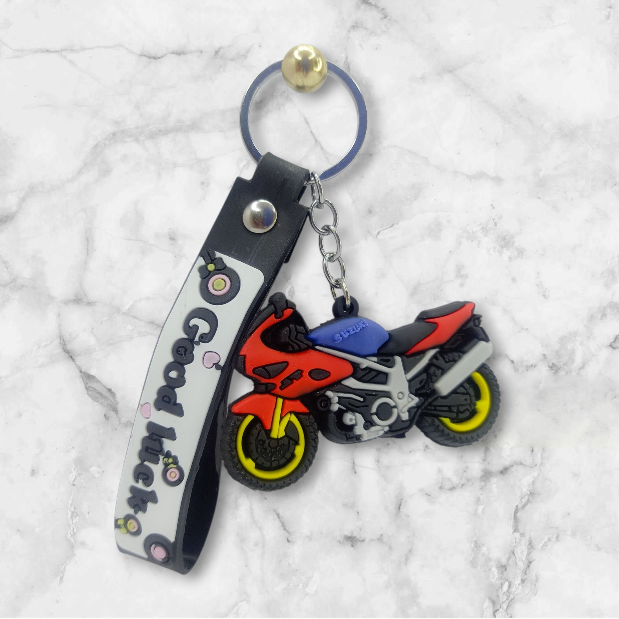 Stylish Motorcycle Keychain – Blue, Red & Black Design with Rubber Strap | Sporty Biker Key Ring Gift for Riders & Fans