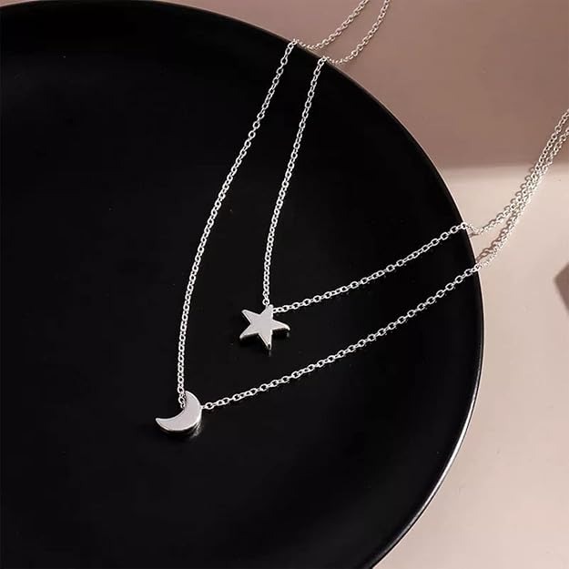Double-Layered Necklace with Star & Moon Pendant – Elegant Celestial Jewellery for Women & Girls | Trendy, Lightweight Design