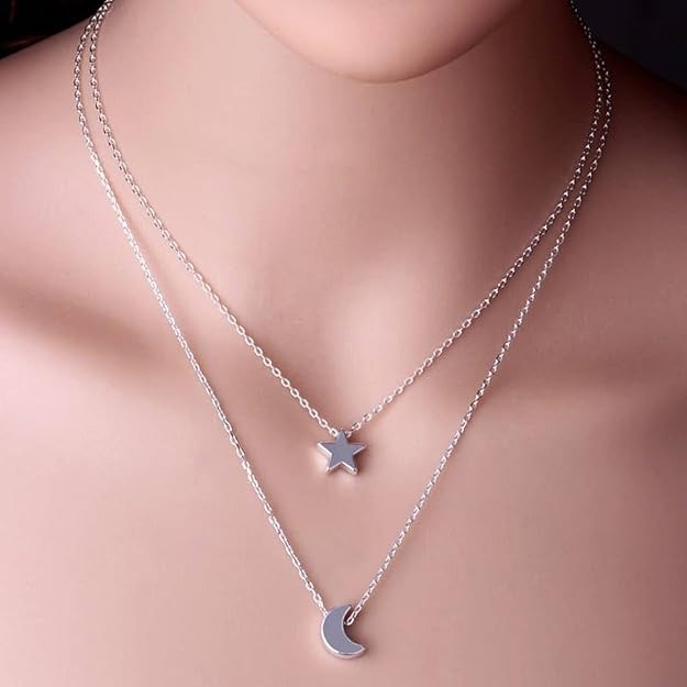 Double-Layered Necklace with Star & Moon Pendant – Elegant Celestial Jewellery for Women & Girls | Trendy, Lightweight Design