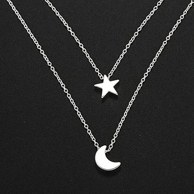 Double-Layered Necklace with Star & Moon Pendant – Elegant Celestial Jewellery for Women & Girls | Trendy, Lightweight Design