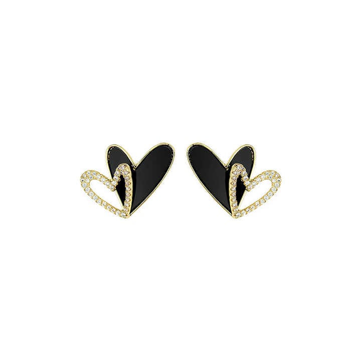 Elegant black double heart earrings with diamond setting – chic Korean fashion studs for women.