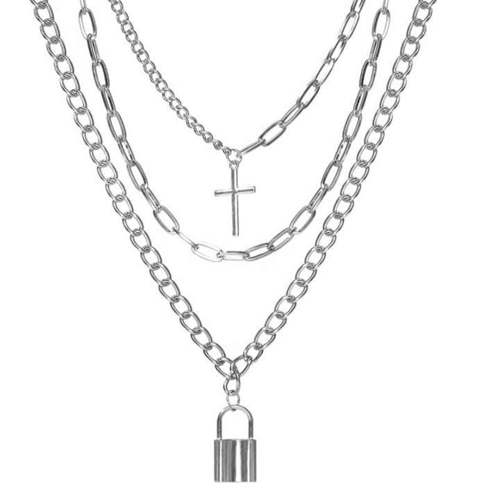 Explore layered grunge aesthetic necklaces with vintage punk chains, lock & cross pendants — stylish goth jewelry for women and men.