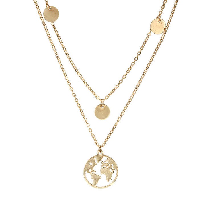 Explore the world with a vintage world map disc necklace — adjustable gold chain jewelry for women, perfect for travelers, dreamers, and everyday style.