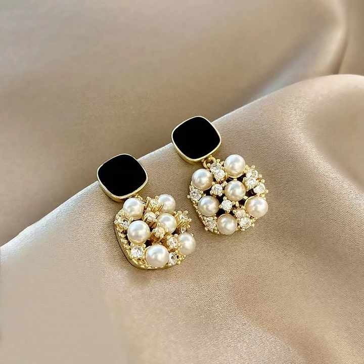 Elegant gold plated black square stud earrings with cubic pearl and hypoallergenic needle — stylish, safe, and perfect for sensitive ears and daily wear.