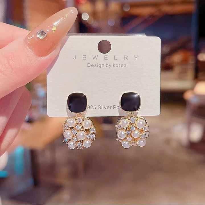 Elegant gold plated black square stud earrings with cubic pearl and hypoallergenic needle — stylish, safe, and perfect for sensitive ears and daily wear.