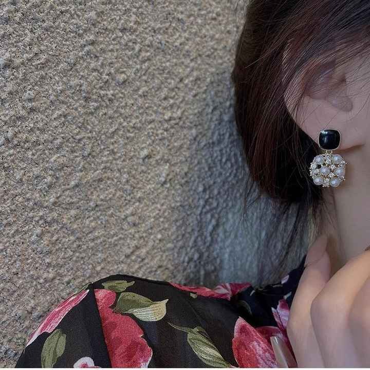 Elegant gold plated black square stud earrings with cubic pearl and hypoallergenic needle — stylish, safe, and perfect for sensitive ears and daily wear.