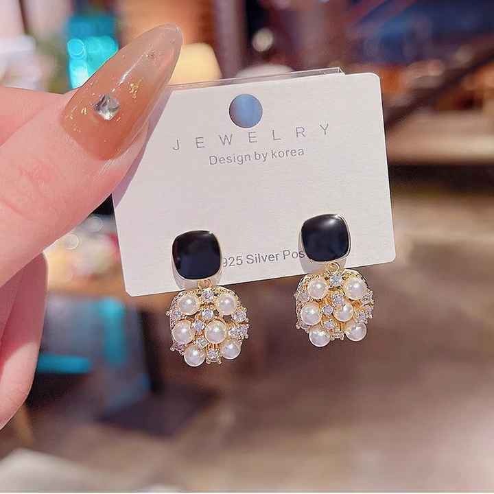 Elegant gold plated black square stud earrings with cubic pearl and hypoallergenic needle — stylish, safe, and perfect for sensitive ears and daily wear.