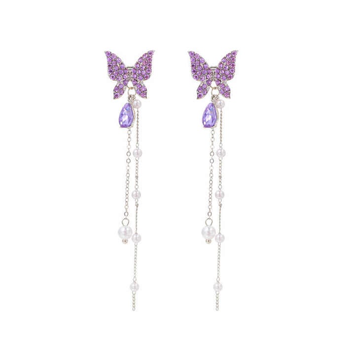 Butterfly Tassel Earrings for Women - Silver Needle, Pearl, and Full Diamond Long Studs
