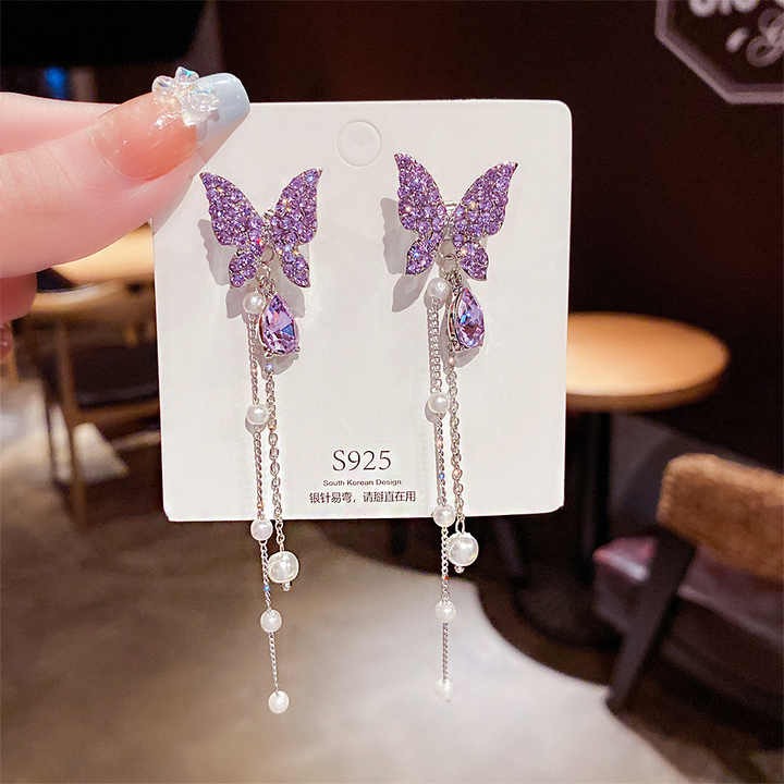 Butterfly Tassel Earrings for Women - Silver Needle, Pearl, and Full Diamond Long Studs