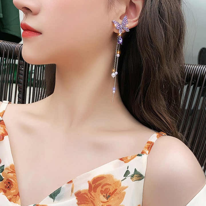 Butterfly Tassel Earrings for Women - Silver Needle, Pearl, and Full Diamond Long Studs