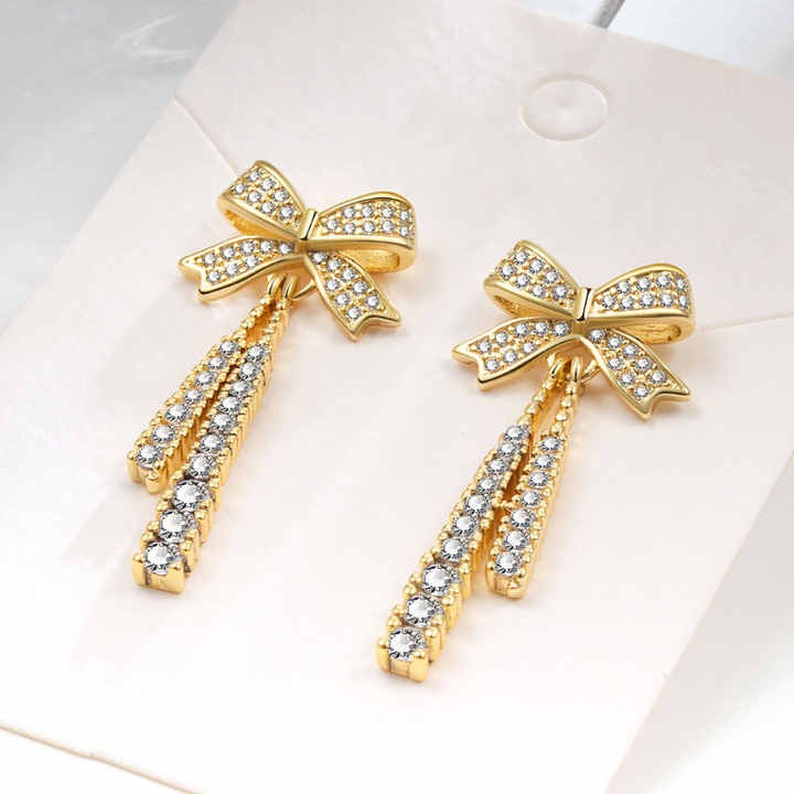 Gold-Filled Bow Drop Earrings for Women - Zircon Stone Hoop Studs, Trendy Brass Jewelry