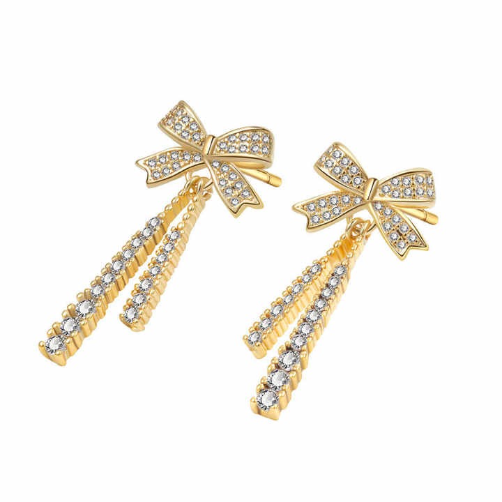 Gold-Filled Bow Drop Earrings for Women - Zircon Stone Hoop Studs, Trendy Brass Jewelry