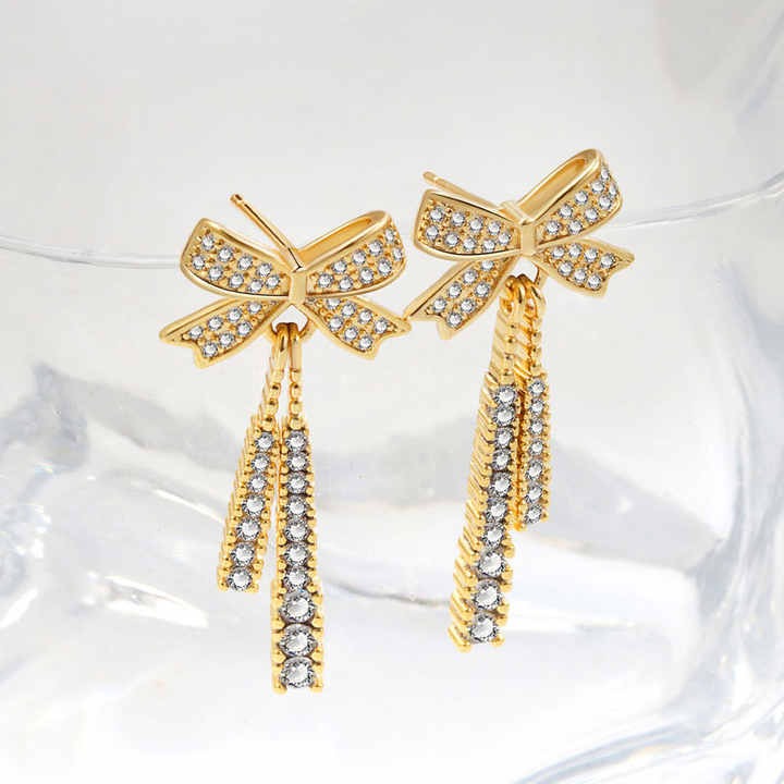 Gold-Filled Bow Drop Earrings for Women - Zircon Stone Hoop Studs, Trendy Brass Jewelry