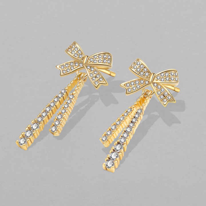 Gold-Filled Bow Drop Earrings for Women - Zircon Stone Hoop Studs, Trendy Brass Jewelry