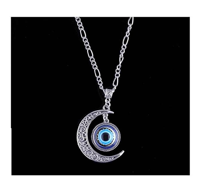 Evil Eye Moon Pendant Necklace for Women - Silver Alloy Chain, Protection Jewelry