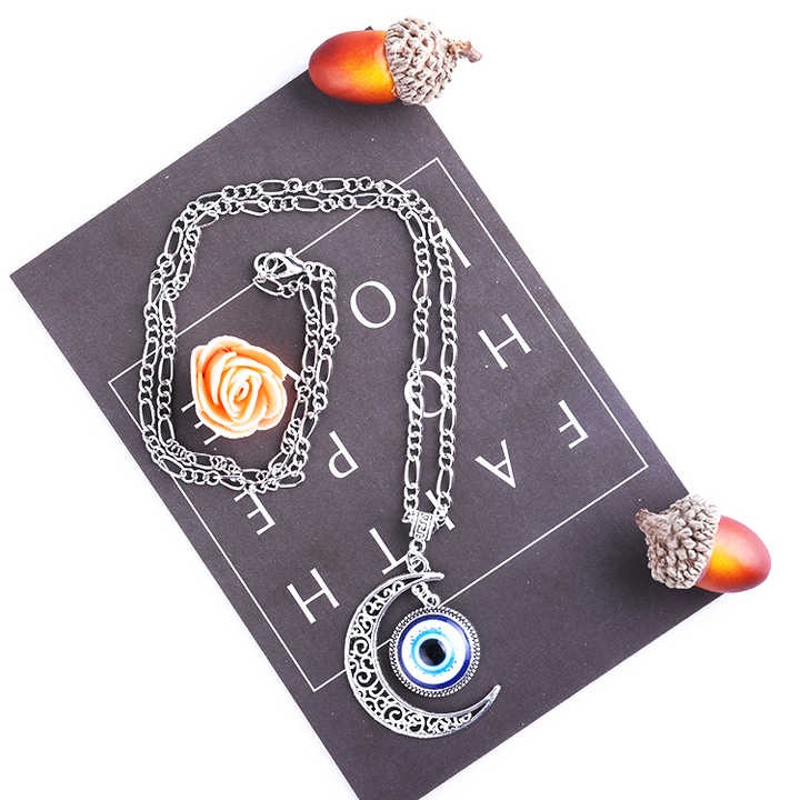 Evil Eye Moon Pendant Necklace for Women - Silver Alloy Chain, Protection Jewelry
