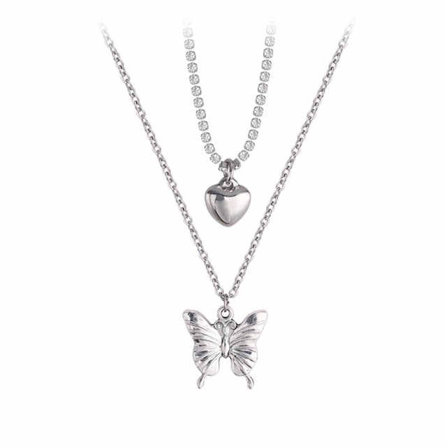Butterfly Heart Pendant Necklace for Women - Titanium Steel Layered Jewelry