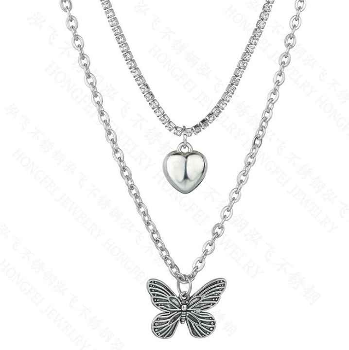Butterfly Heart Pendant Necklace for Women - Titanium Steel Layered Jewelry