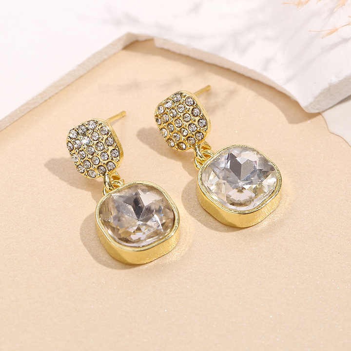 Square Zircon Full Diamond Earrings for Women - Silver Needle Simple Elegant Jewelry