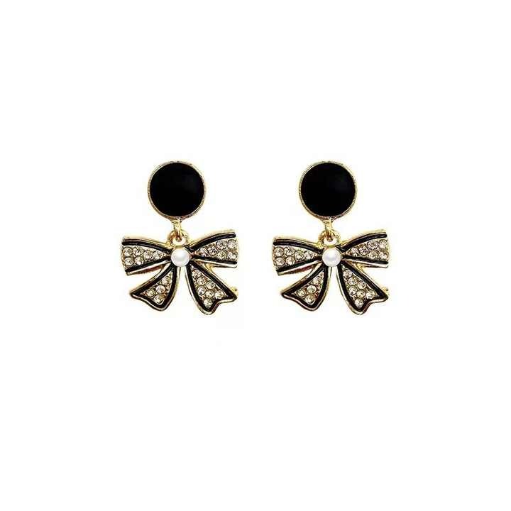 Black Bow Pearl Drop Earrings for Women - Rhinestone Bowknot Light Luxury Jewelry