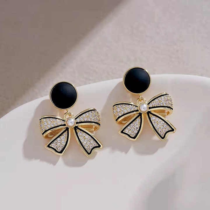 Black Bow Pearl Drop Earrings for Women - Rhinestone Bowknot Light Luxury Jewelry