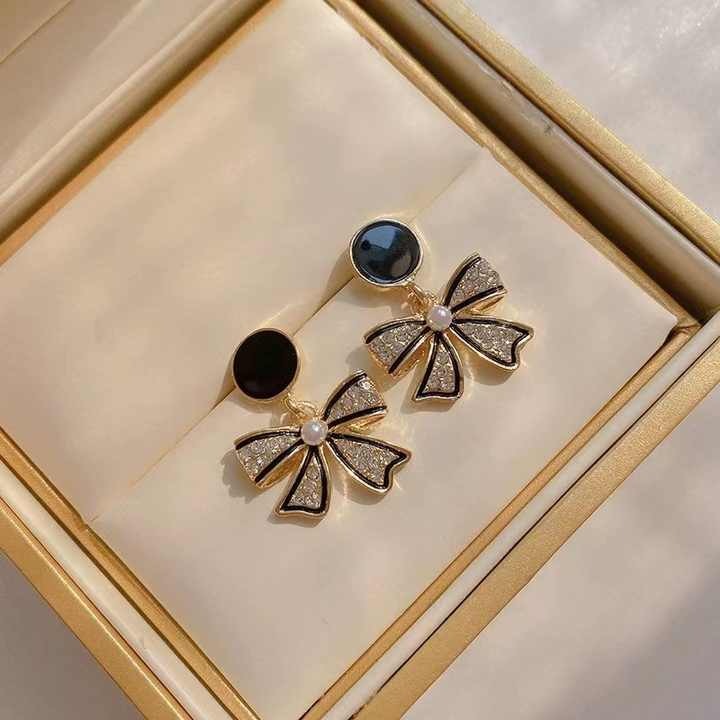 Black Bow Pearl Drop Earrings for Women - Rhinestone Bowknot Light Luxury Jewelry