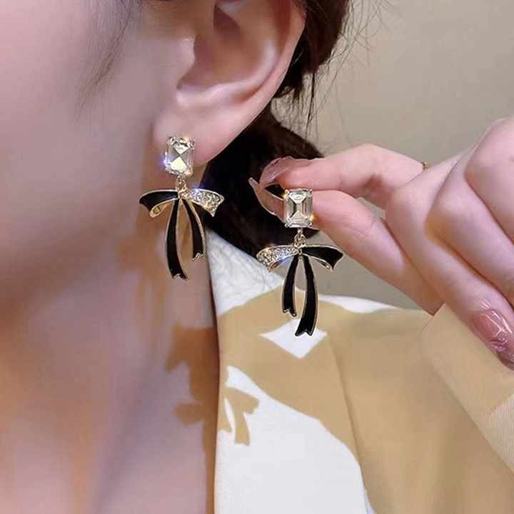 Tassel Black Bow Crystal Earrings for Girls - Fashion Diamond Luxury Jewelry