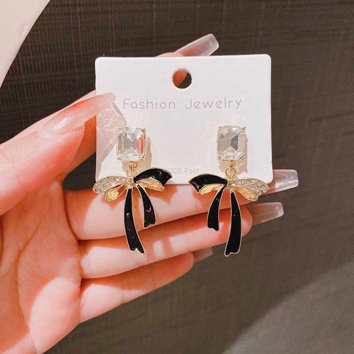 Tassel Black Bow Crystal Earrings for Girls - Fashion Diamond Luxury Jewelry