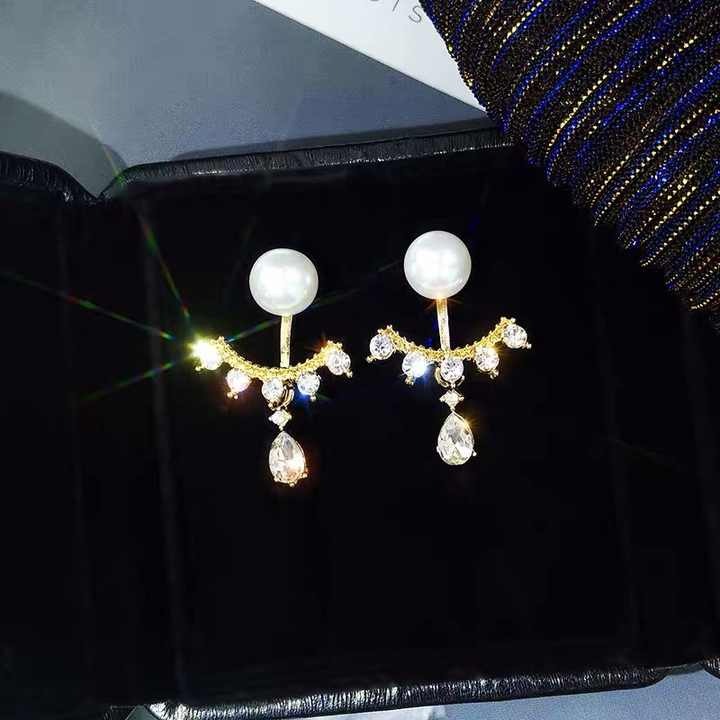 Shiny Alloy Ear Bone Earring for Women - Water Drop Rhinestone Pearl Crown Stud Earring