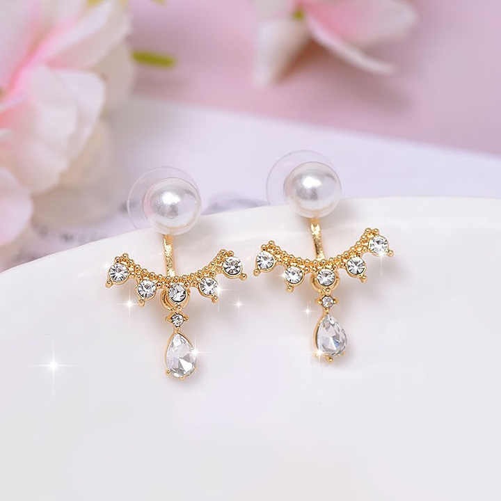 Shiny Alloy Ear Bone Earring for Women - Water Drop Rhinestone Pearl Crown Stud Earring