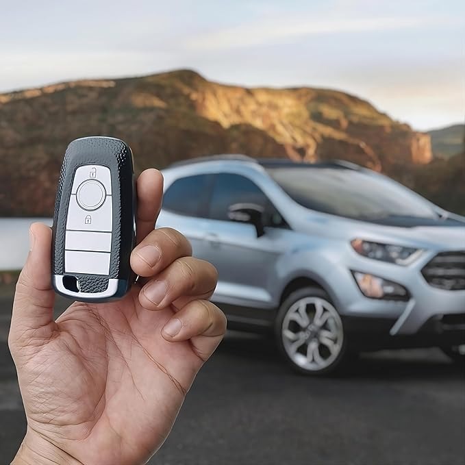 TPU Smart Key Cover for Ford Ecosport, Aspire, Freestyle, Endeavour – Silver Soft Shell with Leather Texture – Push Button Start Remote Protection