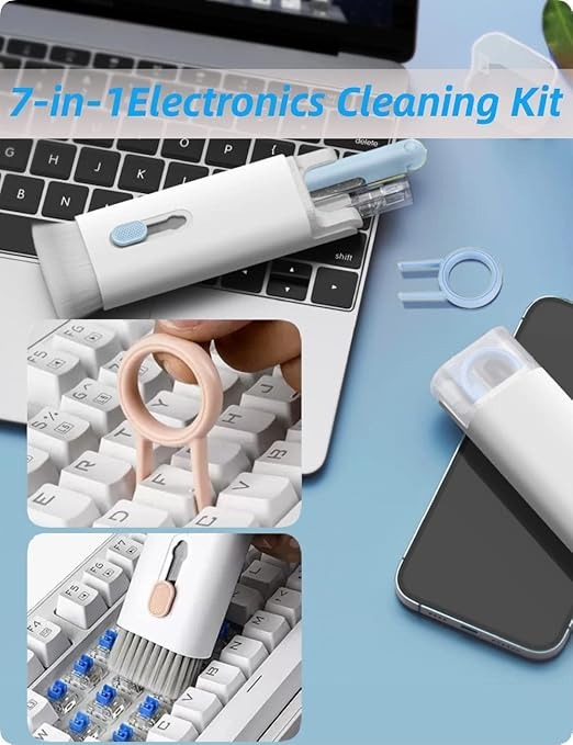 7-in-1 Keyboard Cleaning Brush Kit – Multi-Functional Cleaning Tools for Laptop, PC, Phone, Earbuds – Includes Keycap Puller, Screen Brush & Spray Bottle (Multicolored)