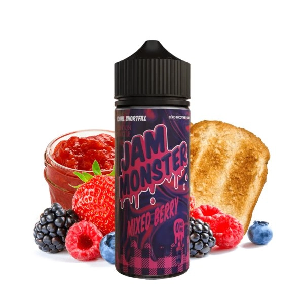 Mixed Berry 0mg 100ml - Jam Monster by Monster Vape Labs   Le duo fruité et gourmand parfait : Confiture de baies rouges et toast beurré.
