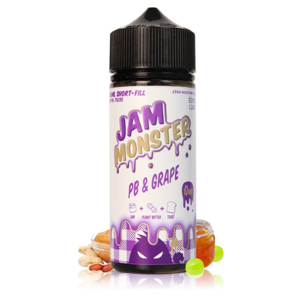 PB & Grape 100ml - Jam Monster . Une création qui assurément vous fera sortir des sentiers battus : la délicieuse et surprenante association entre un beurre de cacahuète crémeux et une confiture de raisin sucrée. Excellent et très original !