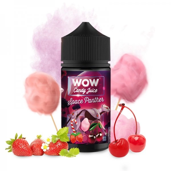 Space Panther 0mg 100ml - WOW by Candy Juice   Un mariage parfait et unique, c'est ce qu'on peut dire du Space Panther et de son association de bonbon à la cerise et de barbe à papa à la fraise. 