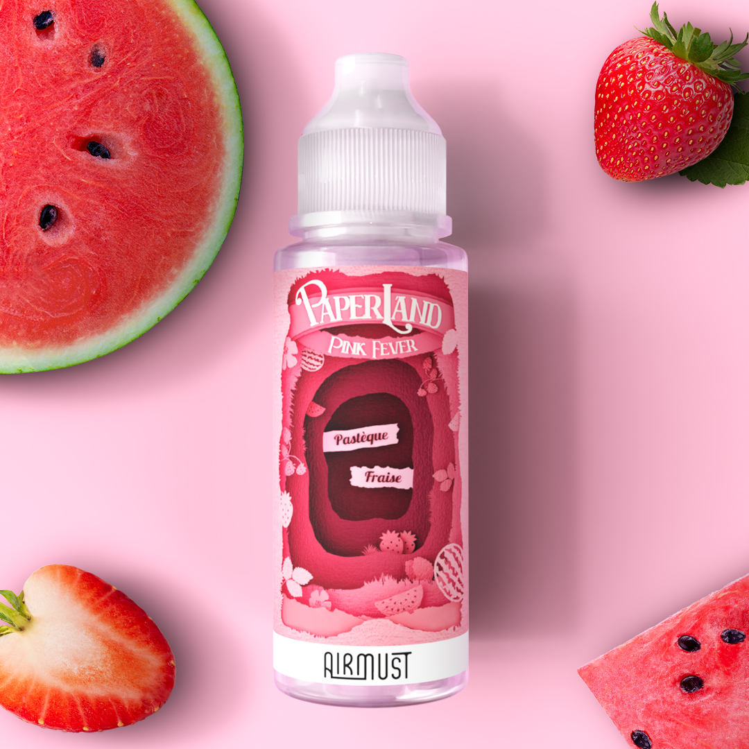 Paperland • Pink Fever 100ml Crush assuré pour cet accord parfait entre une pastèque et une fraise bien sucrée.