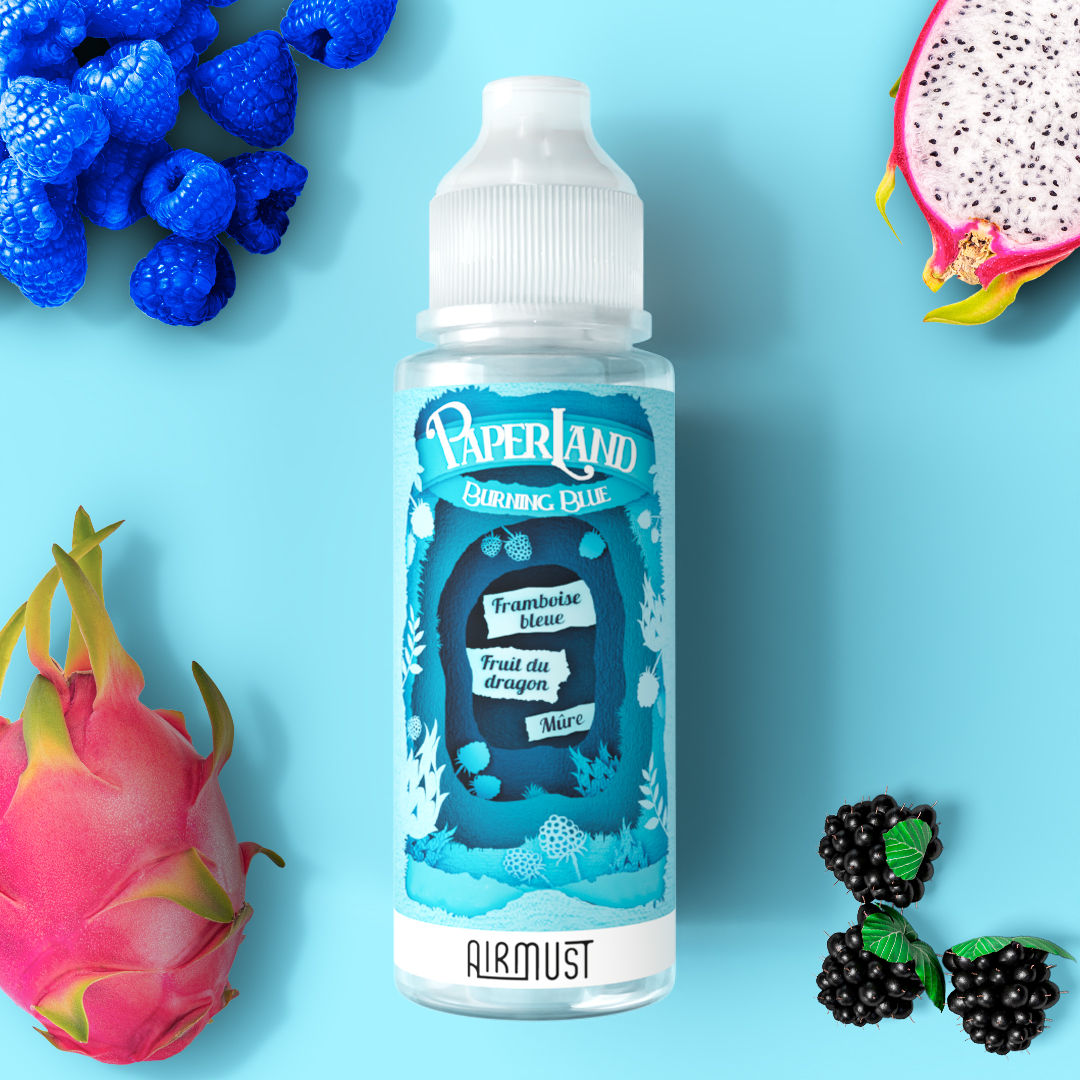 Paperland • Burning Blue 100ml Un idyllique jus goût framboise bleue, fruit du dragon & mûre.