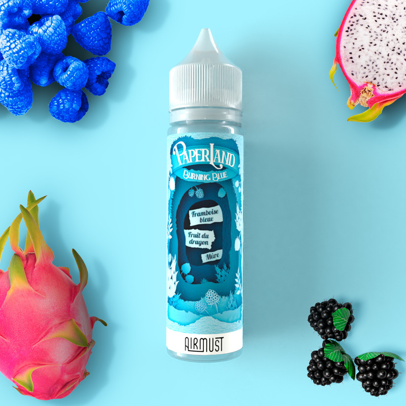 Paperland • Burning Blue 60ml Un idyllique jus goût framboise bleue, fruit du dragon & mûre.