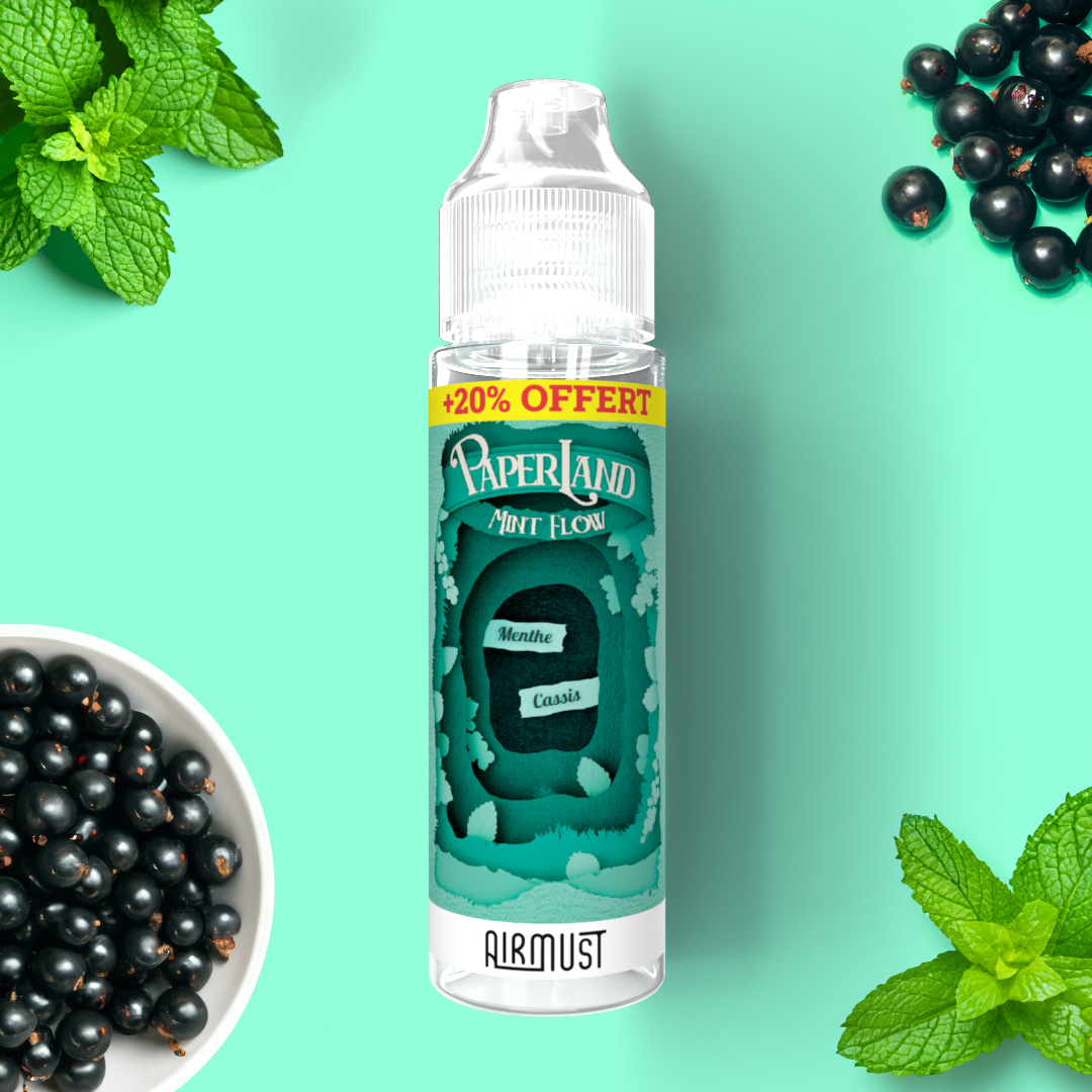 Paperland • Mint Flow 60ml Vapez un vent de fraîcheur mentholé avec cette association de feuilles de menthe et d'une grappe de cassis sucrée. 